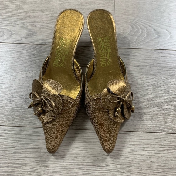 Salvatore Ferragamo Gold Floral Kitten Heel Open Back Heels - Picture 5 of 13